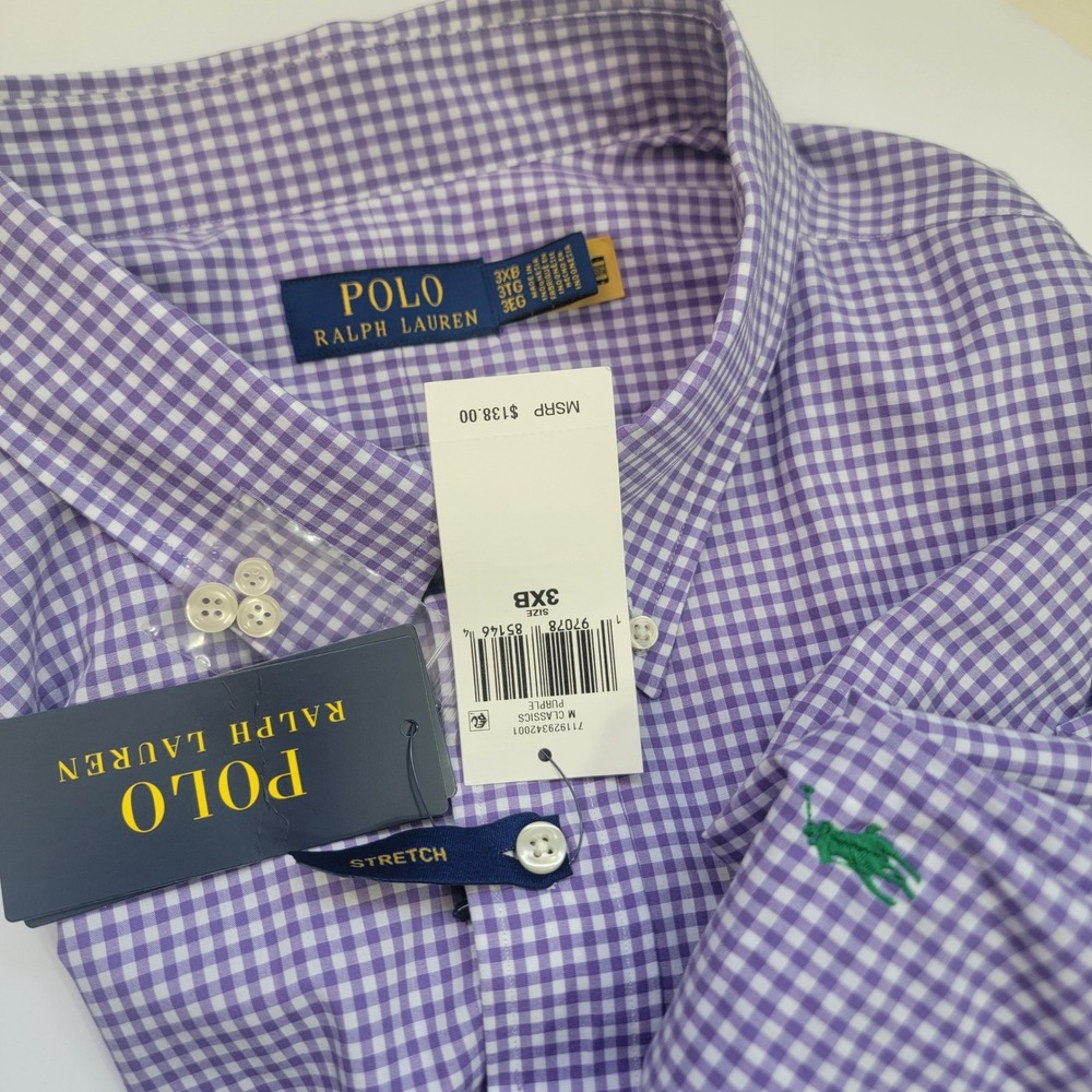 NWT Polo Ralph Lauren Mens 3XB Gingham Stretch Button Down Shirt Purple White‎